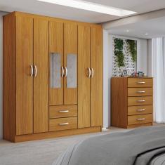 Guarda-Roupa Casal Dominic 6 Portas 2 Gavetas e Espelho com Cômoda 5 Gavetas Cinamomo - Panorama Móveis