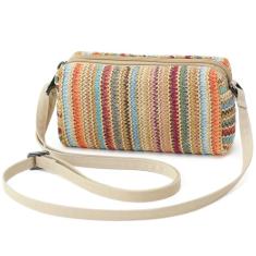 BBORGDC Pequena bolsa transversal de palha para mulheres, bolsa de férias com compartimento duplo de listras coloridas com alça ajustável para telefone, carteira de praia de verão boho, carteira para