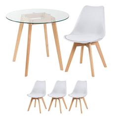 Loft7, Mesa redonda com tampo de vidro 80 cm + 3 cadeiras Leda