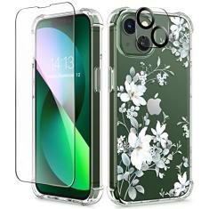 GVIEWIN Capa projetada para iPhone 13 de 6,1 polegadas, com protetor de tela de vidro temperado + protetor de lente de câmera flor transparente macia e flexível à prova de choque floral feminina capa