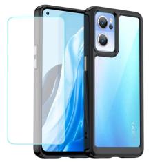 Wanyuexes Capa para Oppo Reno7 5G, capa CPH2371 com protetor de tela de vidro temperado, antiamarelamento, parte traseira rígida transparente de policarbonato e capa protetora de TPU macio para Oppo