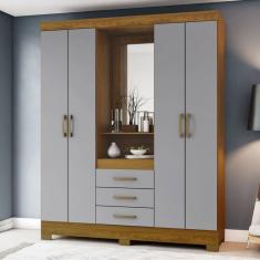 Guarda-Roupa Casal Catedral 4 Portas 3 Gavetas Natural/Cinza - Bci Móveis