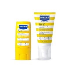 Mustela Combo Protetor Solar Stick FPS 50 8g Filtro Solar Facial em Bastão + Protetor Solar Infantil e Adulto Loção FPS 50+ 40 ml