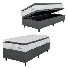 Cama Box Baú Colchão Solteiro Molas Ensacadas City Pillow Top 88x188x64cm Branco-Preto Hellen Suporta até 110kg por Pessoa