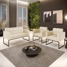 Kit 1 Sofá Namoradeira e 2 Poltronas Elisa material sintético Bege Bas