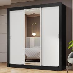 Guarda Roupa Casal Nobre 3 Portas de Correr 0 Gavetas MDP com Espelho Preto-Branco Nobre Madesa