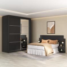 Guarda Roupa Casal MP4327 2 Portas de Correr 4 Gavetas Espelho Preto Multimóveis