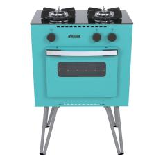 Fogão Portátil a Gás 2 Bocas Venax Mini Cook Mesa de Vidro Temperado Acendimento Manual Verde com Forno 40L