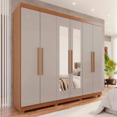 Guarda-roupa 6 Portas 4 Gavetas com Espelho com Pés New Malibu Espresso Móveis Cinamomo/Off White