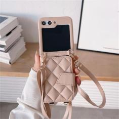 Capa de telefone de couro crossbody para samsung galaxy z flip 5 4 3 5g flip5 flip4 flip3 5g carteira titular do cartão capa macia, cáqui, para galaxy z flip 5