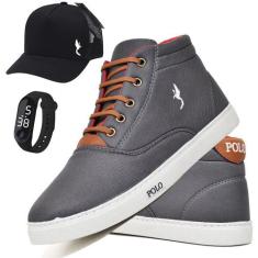 Tênis Masculino Casual Cano Alto + Boné + Relógio Kit 3 - Polo Blu, 45
