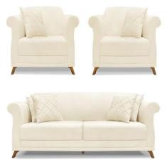 Kit 2 Poltronas e Sofá Living 2 Lugares 1,60m Vênus Linho Pés Castanho