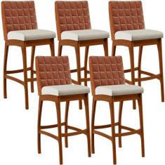 Kit 05 Banquetas Altas Sala De Jantar Fixa Mila B04 Sintético Camel Li