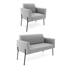 Sofá Namoradeira e Poltrona Pé de Ferro Preto Marisa Suede Cinza D03 - D`Rossi