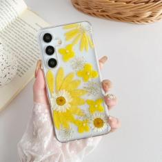 XIZYO Capa para Samsung Galaxy S24 linda estampa floral transparente flores secas estéticas mulheres meninas glitter fino TPU bumper capa protetora à prova de choque para S24, flor amarela pérola