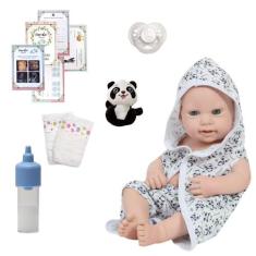 Boneco Reborn 100% Vinil Saída de Banho Panda Com Itens - Cegonha Rebo