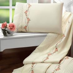 Jogo Cama Lençol Casal Queen Holambra 04 Peças Tecido Algodão 200 Fios Bordado Floral - Palha
