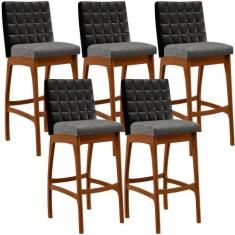 Kit 05 Banquetas Altas Sala De Jantar Fixa Mila B04 Corano Preto Linho