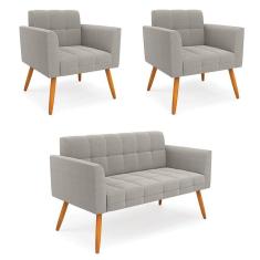 Namoradeira E 2 Poltronas Pé Palito Castanho Elisa Bouclê Cinza D03 - D`rossi