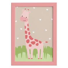 Quadro Safari Menina Girafa Moldura Rosa 22x32cm - Quartinhos