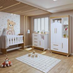 Quarto de Bebê Completo 100% Mdf com Guarda-roupa, Cômoda e Mini Berço Estelar Branco/Amadeirado