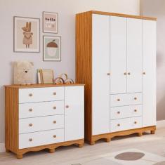 Quarto de Bebê Completo Guarda Roupa 4 Portas Cômoda 1 Porta 4 Gavetas