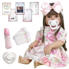 Bebê Reborn Menina Baby Cabelos Castanhos Vestido Florido - Cegonha Re