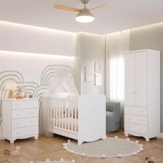 Quarto de Bebê Completo Berço Americano Ben 3 Em 1 Cômoda Júnior Simples 4 Gavetas Guarda Roupa Júnior 2 Portas 3 Gavetas Branco Carvalho 100% Mdf Móv