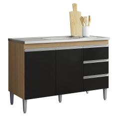 Balcão de Cozinha Com Pia Inox 120cm 3 Gavetas Andréia Amêndoa/Preto - AJL Móveis