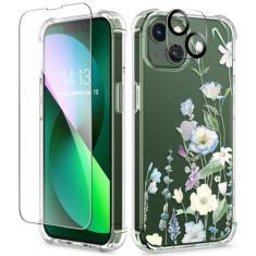 GVIEWIN Capa projetada para iPhone 13 de 6,1 polegadas, com protetor de tela de vidro temperado + protetor de lente de câmera, flor transparente, macia e flexível, fina, à prova de choque, floral
