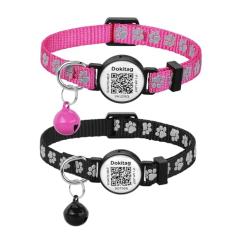 Coleira reflexiva para gatos com etiqueta de identificação de animal de estimação, coleiras para gatos separadas, coleira para gatos com etiqueta de nome de código QR, coleira de gato com sinos,