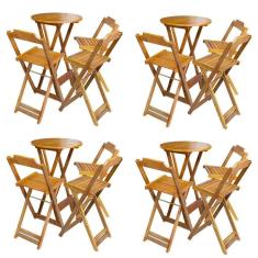 Kit 4 Conjuntos De Mesa Bistrô Dobravel Em Madeira Maciça Com 3 Banquetas Altas - Mel - Marrom
