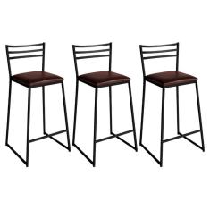 Conjunto De 3 Banquetas Alta Lisboa De Aço De Carbono Marrom