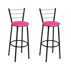 Kit 2 Banquetas Altas Preta com Encosto Assento Rosa - Fortmix