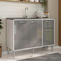 Balcão de Cozinha Gabinete Pia 105cm 3 Portas 1 Gaveta Siena Multimóveis Mp2190 Branco/lacca Fumê