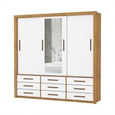 Guarda Roupa Roupeiro Anjos 3 Portas De Correr Com Espelho Central 9 Gavetas Carioca Cinamomo Branco