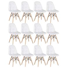 Loft7, Kit 12x Cadeiras Estofadas Eames Eiffel Botonê com Base de Madeira Clara, PU Sintético e Aço, Escritório, Sala de Estar e Sala de Jantar - Branco