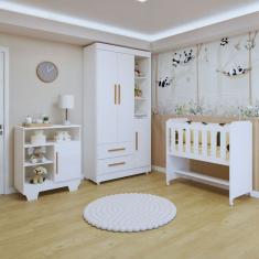 Quarto de Bebê Completo 100% Mdf com Guarda Roupa, Cômoda e Mini Berço Sonharte Branco