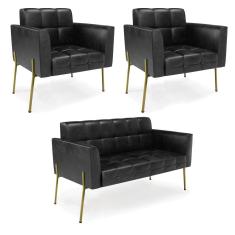 Sofá Namoradeira E 2 Poltronas Pé De Ferro Dourado Elisa Corano D03 - D'rossi Cor Preto