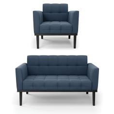 Sofá Namoradeira E Poltrona Base De Madeira Preto Elisa Suede D03 - D'rossi Cor Azul Marinho