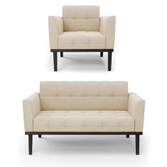 Sofá Namoradeira E Poltrona Base De Madeira Preto Elisa Suede D03 - D'rossi Cor Bege