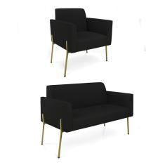 Sofá Namoradeira E Poltrona Pé De Ferro Dourado Marisa Linho Preto D03
