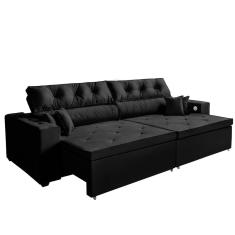 Sofá 5 Lugares Smart 3,02 Metros Preto Retrátil, Reclinável Tecnologia Carregamento 3 portas USB