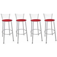 Kit 4 Banquetas Altas Prata com Encosto Assento Vermelho