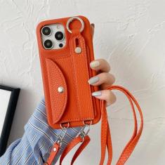 Capa de telefone crossbody com alça de pulso para iPhone 13 12 Mini 15 14 11 Pro XS Max XR 7 8 Plus Porta-cartões Capa de couro com cordão, laranja, para iPhone 15 Pro