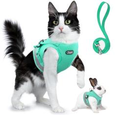 Supet Conjunto de arnês e coleira para gatos – colete ajustável de malha macia para gatos com alça refletiva para andar com gatos e filhotes de coelho