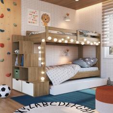 Cama Treliche Infantil Bicama Menino Menina 2,32m Com Escada, Nichos E Gavetas Aveiro Oak Com Branco