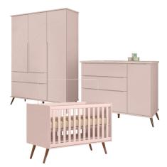 Kit Quarto Infantil Bebê Melinda Com Pés Cômoda Guarda Roupa 3 Portas 2 Gavetas E Berço Mini Cama Rsê - Phoenix Baby