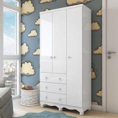 Guarda Roupa Infantil 3 Portas e 3 Gavetas 100% MDF Mimo Branco Brilho