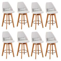 Kit 08 Banquetas Alta Maya Giratória Com Encosto Gourmet Linho Bege e Almofada Suede Branco - Aurora Line